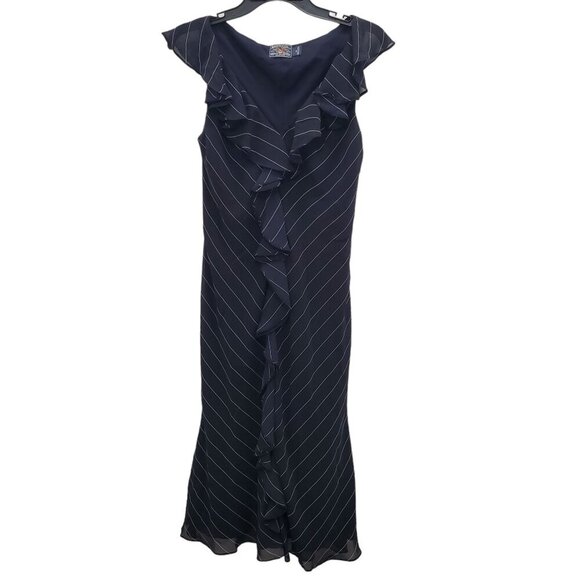 American Living Women's Navy White Pinstripe‎ Ruffle Front Flutter Midi Dress 12 - Picture 1 of 5